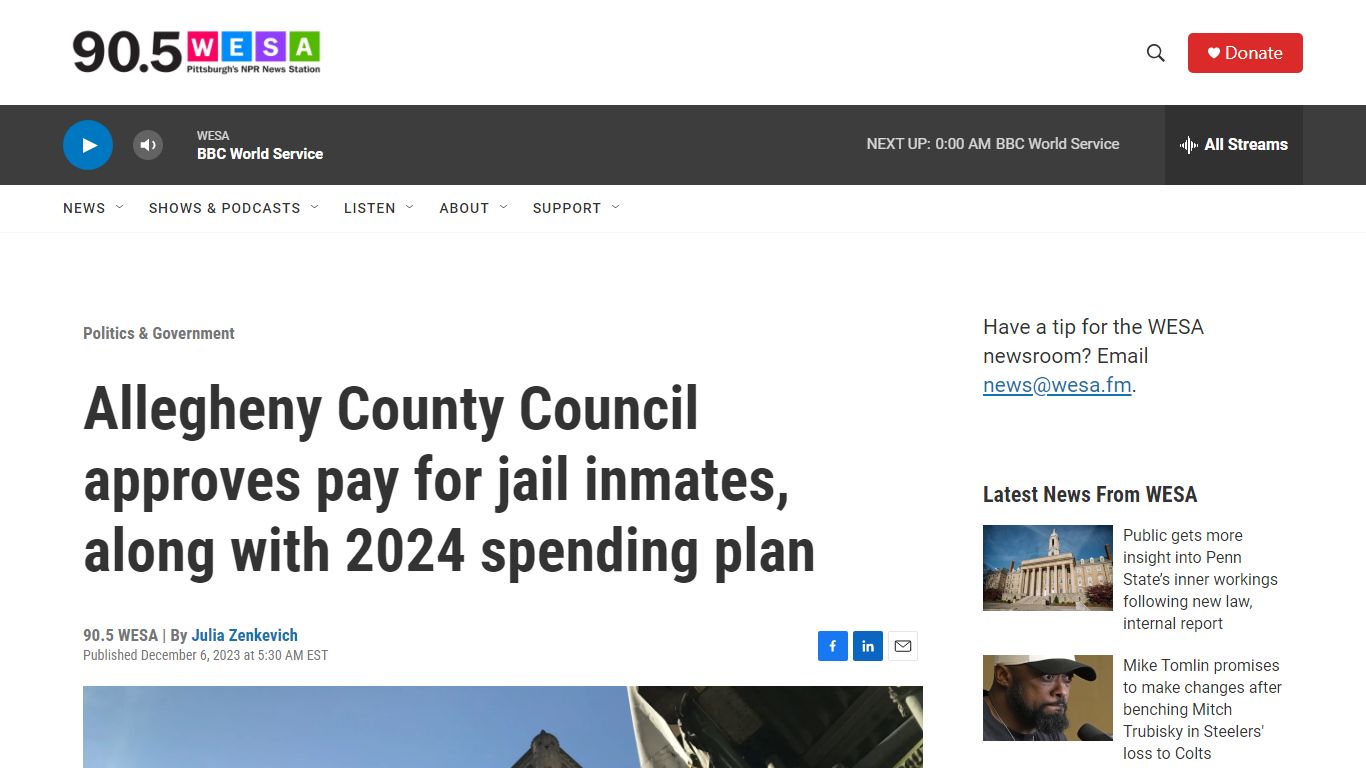 Allegheny County Council approves pay for jail inmates - 90.5 WESA